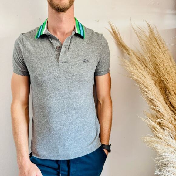 MENS LACOSTE Grey Gray Light Blue Green Striped Button Polo Short Sleeve Shirt S - Picture 1 of 12